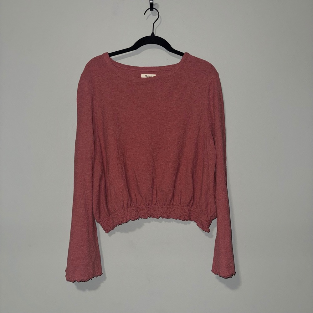 Madewell Textured Cropped Bell‎ Sleeve Pink Long Sleeve Smocked Hem Blouse XL